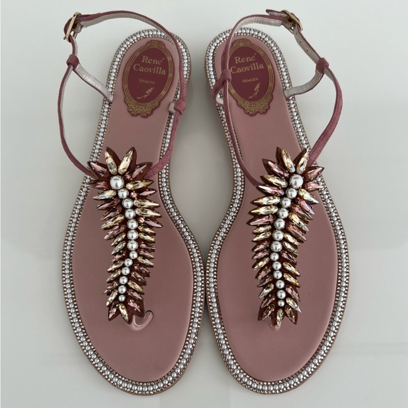 RENE CAOVILLA BLUSH CRYSTAL PEARL EMBELLISHED SANDALS SIZE IT 38.5 / US 8.5 NEW! - Picture 7 of 17